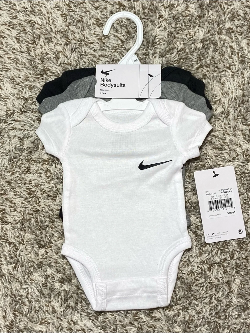 NEW NIKE Newborn Baby Bodysuits 3PC White Gray Black